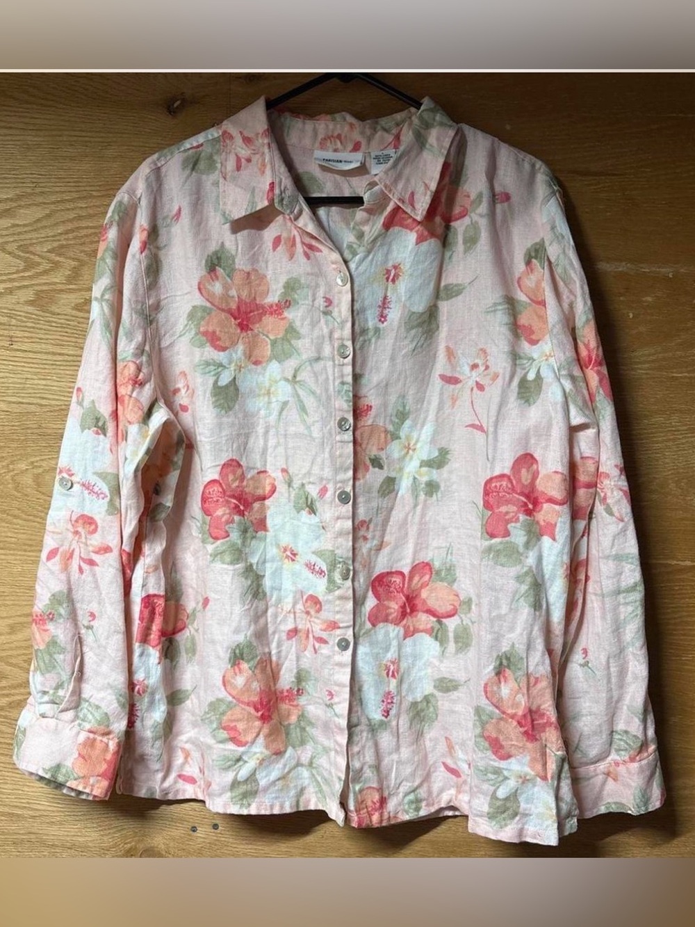 Parisian Works Floral Button-Front Linen Blouse - Light Pink